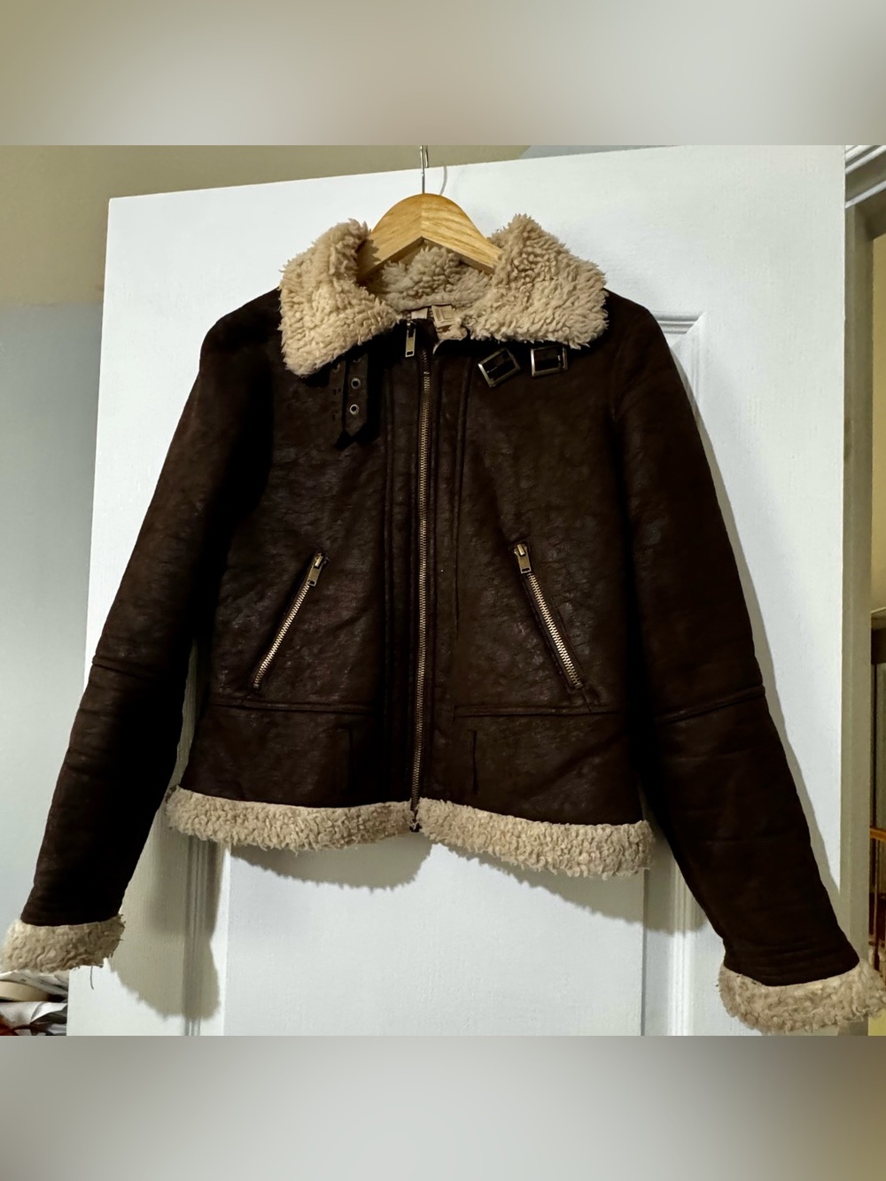 Peppermint Dark Brown Faux-Leather Sherpa Jacket with neck closures